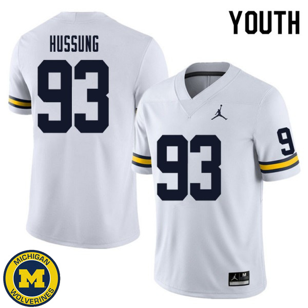 Youth University of Michigan #93 Cole Hussung White Replica Stitch Jersey